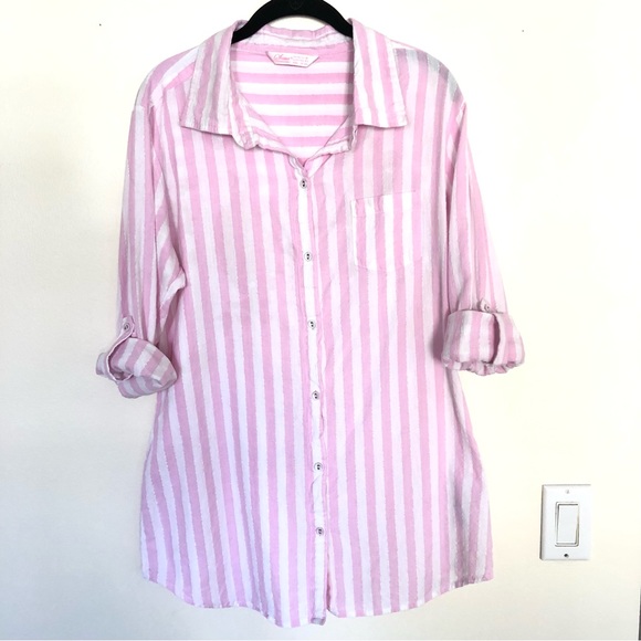 Secret Possessions Pink Metallic Stripped Button Down Shirt Top Women’s Size M/L - Picture 8 of 12
